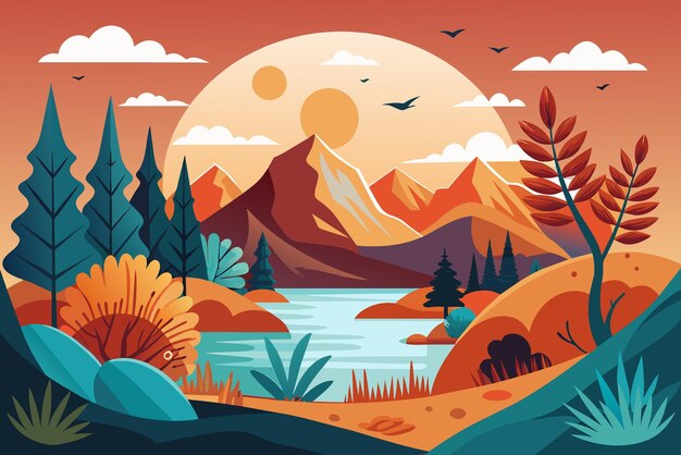 Vector kleurrijke illustratie serene natuurlijke landschap en schoonheid van de buitenlucht