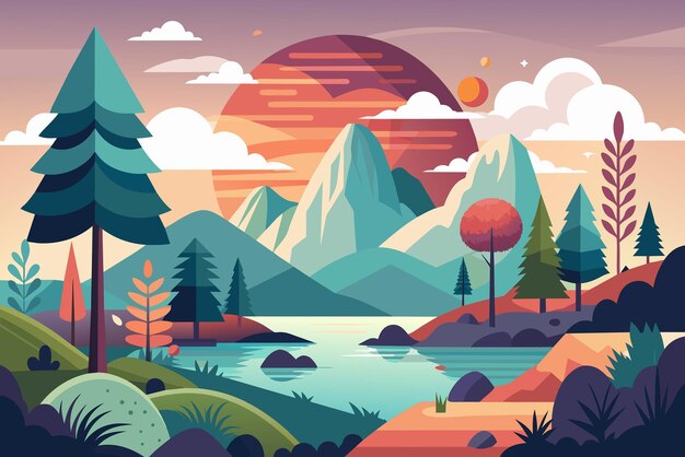 Vector kleurrijke illustratie serene natuurlijke landschap en schoonheid van de buitenlucht