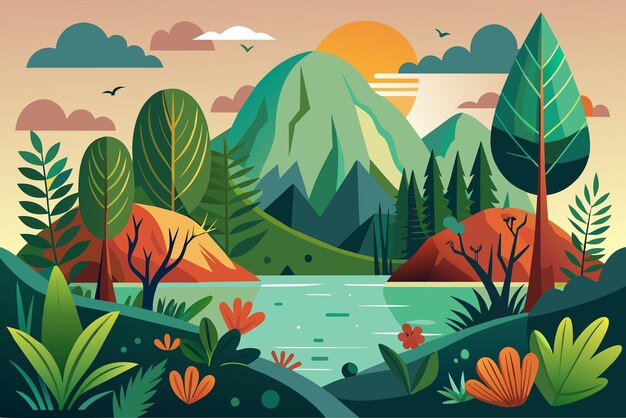 Vector kleurrijke illustratie serene natuurlijke landschap en schoonheid van de buitenlucht