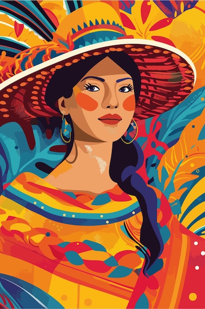 Kleurrijke illustratie van een Colombiaanse vrouw in folkloristische kleding en hoed