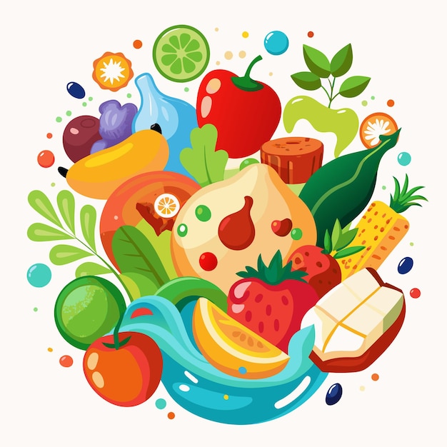 Kleurrijke illustratie van fruit en groenten op witte achtergrond