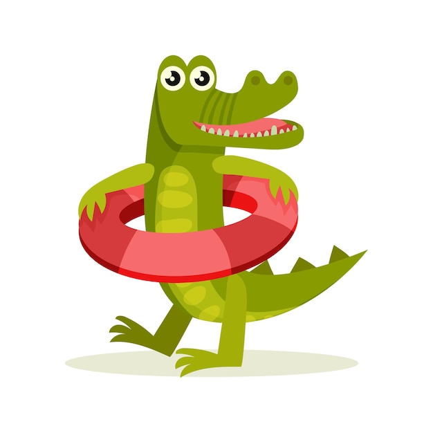 Kleurrijke illustratie van krokodil met rode opblaasbare rubberen ring Stripfiguur van grappig gehumaniseerd dier Groen roofzuchtig reptiel Grafisch element voor kinderboek Geïsoleerde platte vector icon