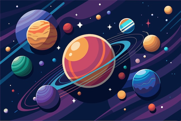 Vector kleurrijke illustratie van verschillende gestileerde planeten en sterren tegen een donkere ruimte achtergrond met banen en planetaire ringen