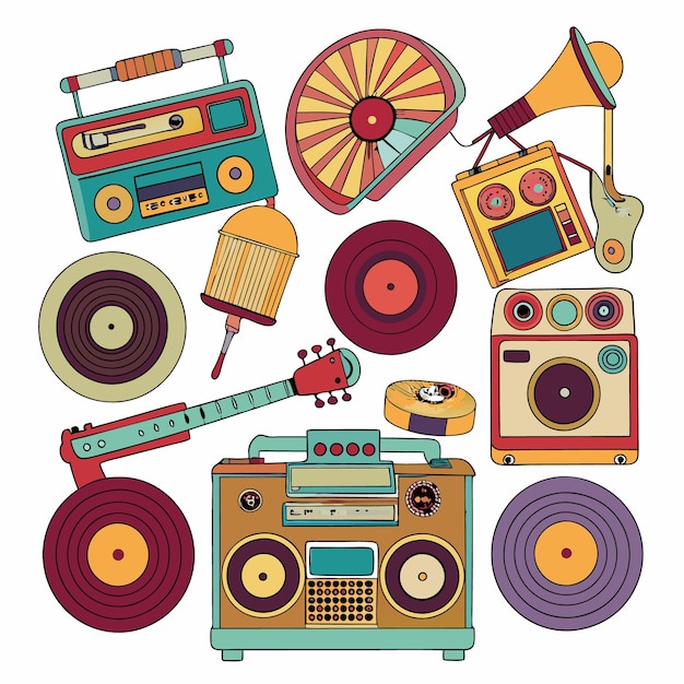 Kleurrijke illustratie van vintage muziekapparatuur
