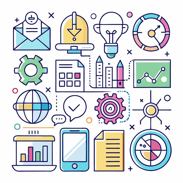 Kleurrijke illustratie van zakelijke iconen voor strategie marketing en gegevensanalyse