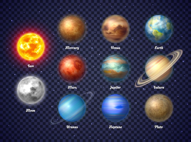 Kleurrijke illustraties van de zon, de maan en de negen planeten