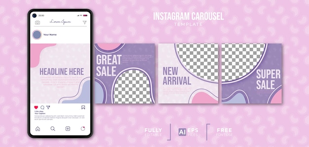 Kleurrijke instagram carrouselsjabloon met smartphone