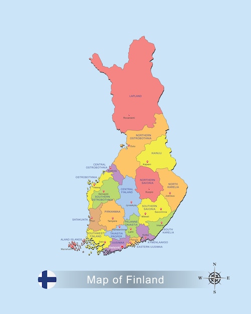 Kleurrijke kaart van finland met hoofdstad op blauwe vectorillustratie als achtergrond.