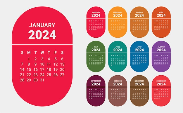 Vector kleurrijke kalender 2024 12 tablet stuk kalender 12 maandkaarten capsule sjabloon ontwerp vector