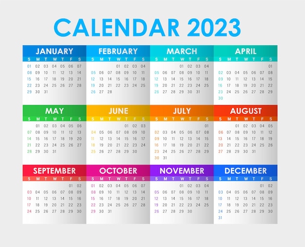 Kleurrijke kalender jaar 2023 vector ontwerpsjabloon, eenvoudig en schoon ontwerp. Kalender voor 2023