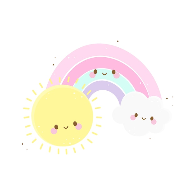 Kleurrijke kawaii zon, wolk, regenboog cartoon schattige baby meisje babydouche