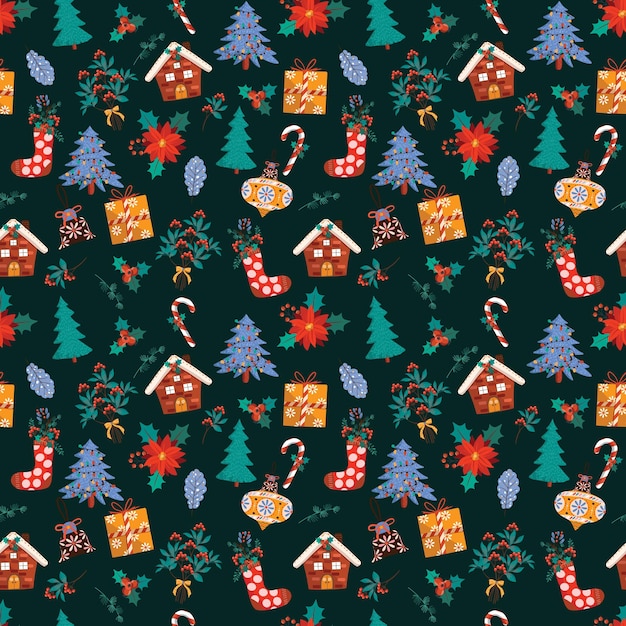 Vector kleurrijke kerstmis en gelukkig nieuwjaar naadloze patroon met kerst ornament vector illustratie ontwerp voor mode stof textiel behang inwikkeling en alle prints