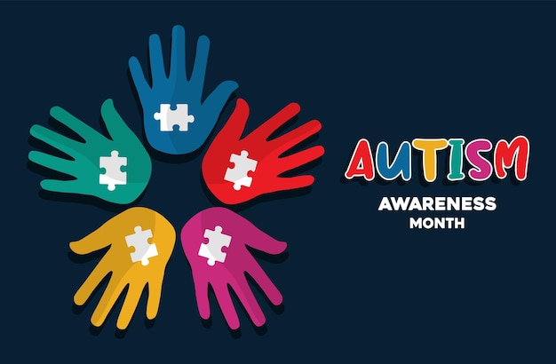 Kleurrijke kind hand samen Autisme Awareness Day Medische platte illustratie