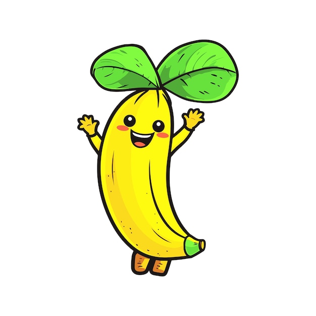 Kleurrijke kinderachtige vectorillustratie van gelukkig lachende banaan handen omhoog cartoon stijl