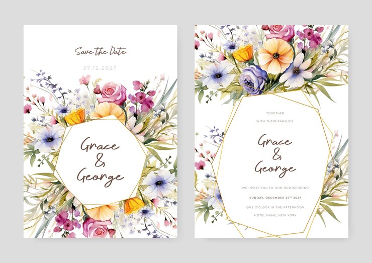 Vector kleurrijke kleurrijke orchidee en roos artistieke bruiloft uitnodiging kaart sjabloon set met bloemen decoraties