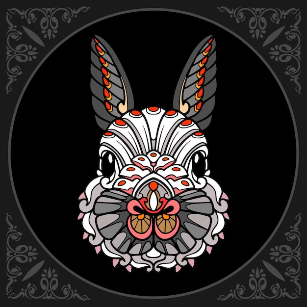 Kleurrijke konijn zentangle kunsten geïsoleerd op zwarte achtergrond