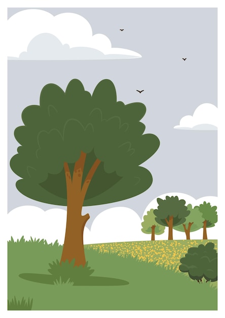 Vector kleurrijke landschapsposter met groene velden, bomen, bos en wolken