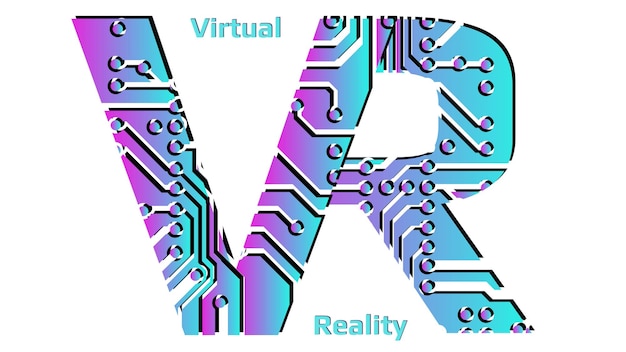 Kleurrijke letters VR afkorting voor Virtual Reality geperforeerd met PCB printplaat tracks geïsoleerd op een witte achtergrond Concept voor logo banners of reclame