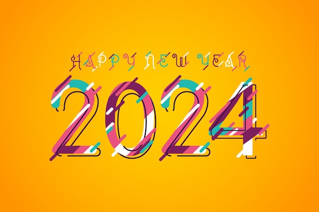 Kleurrijke lijnen op nummers 2024 Nieuwjaar gele achtergrond Groet concept voor 2024 Nieuwjaar