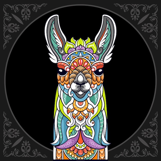 Kleurrijke Llama hoofd mandala arts geïsoleerd op zwarte achtergrond