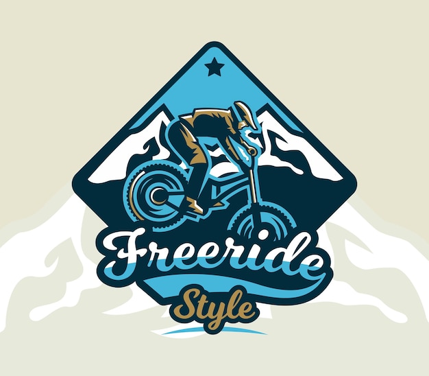 Kleurrijke logo embleem label club renners voeren trucs op een mountainbike op een achtergrond van bergen geïsoleerde vectorillustratie Club downhill freeride Print op Tshirts