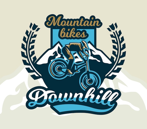 Kleurrijke logo embleem label club renners voeren trucs op een mountainbike op een achtergrond van bergen geïsoleerde vectorillustratie Club downhill freeride Print op Tshirts