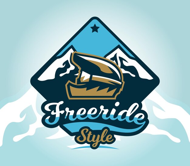 Kleurrijke logo embleem sticker extreme wielrenner helm op een achtergrond van bergen geïsoleerde vector illustratie club downhill freeride print op tshirts