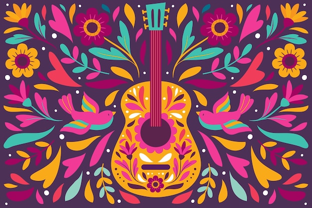 Vector kleurrijke mexicaanse achtergrond met gitaar