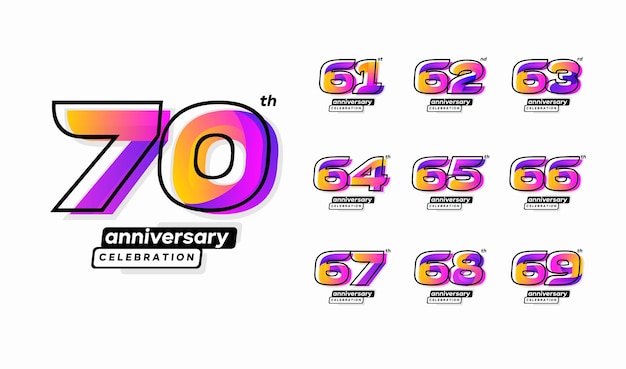 Kleurrijke moderne verjaardag viering logo set. 61, 62, 63, 64, 65, 66, 67, 68, 69, 70