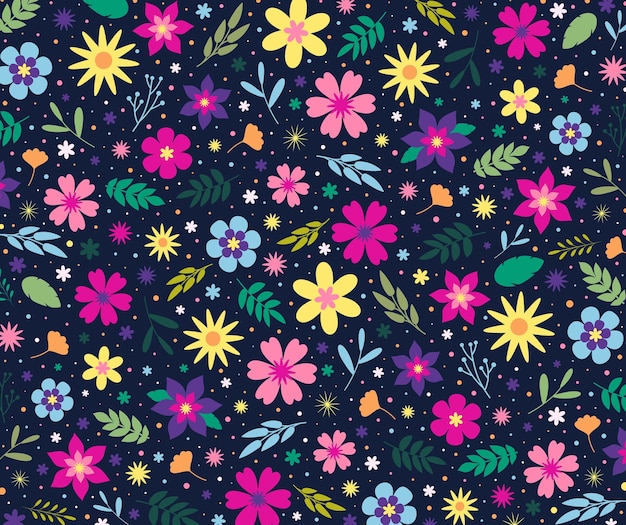 Kleurrijke naadloze bloemmotief bloemen laat donkerblauwe achtergrond plat behang print ontwerp