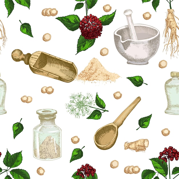 Kleurrijke naadloze patroon hand getrokken van ginseng wortels leven en bloemen retro vintage grafisch ontwerp botanische schets tekening gravure stijl