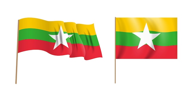 Kleurrijke naturalistische wapperende vlag van de republiek van de unie van myanmar.