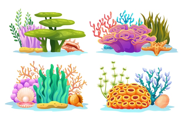 Kleurrijke onderzeese koraalriffen met schelpen in verschillende soorten cartoon afbeelding