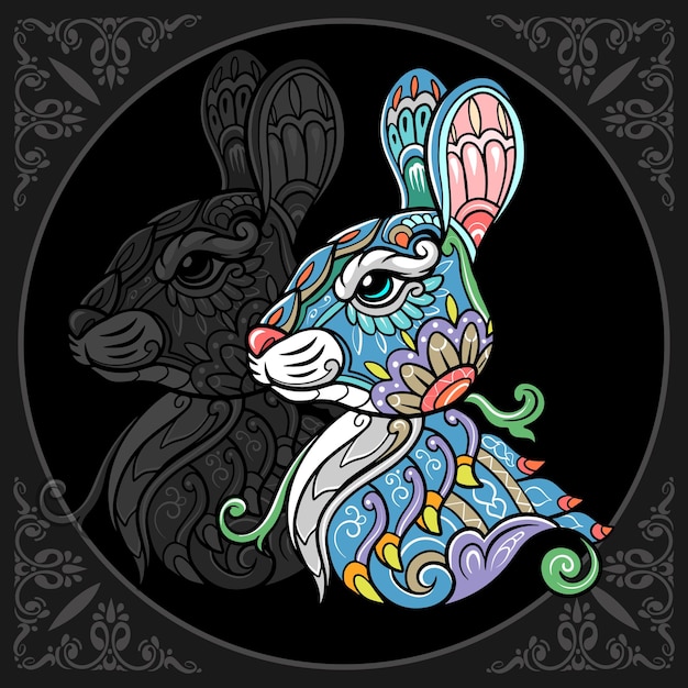 Kleurrijke pasen konijn hoofd mandala arts geïsoleerd op zwarte achtergrond