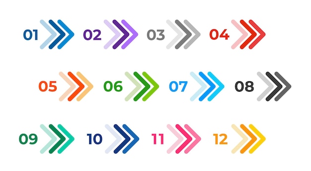 Kleurrijke pijlen ingesteld op wit. Richting nummer opsommingstekens van één tot twaalf.