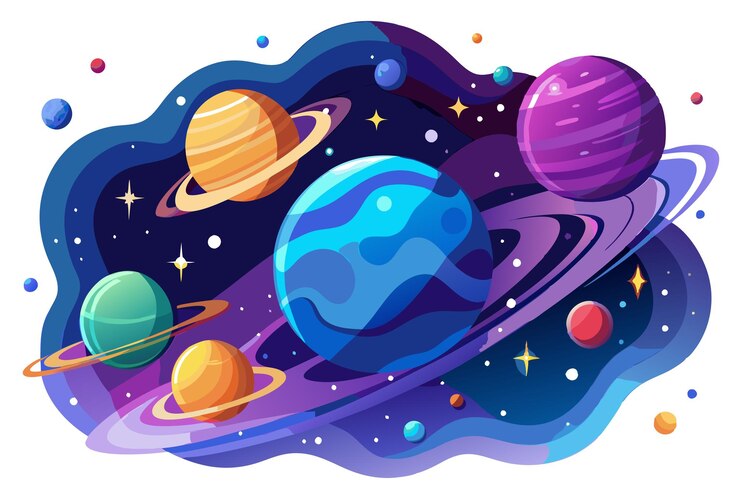 Vector kleurrijke planeten en sterren in een wervelend sterrenstelsel