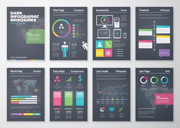 Kleurrijke platte infografische sjablonen op zwarte achtergrond