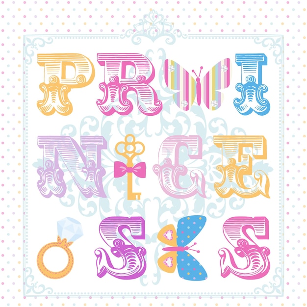 Vector kleurrijke prinses formulering poster illustratie met polka dot background