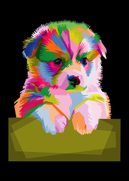 Kleurrijke puppy dragen bord op koele geïsoleerde pop-art stijl achtergrond wpap stijl