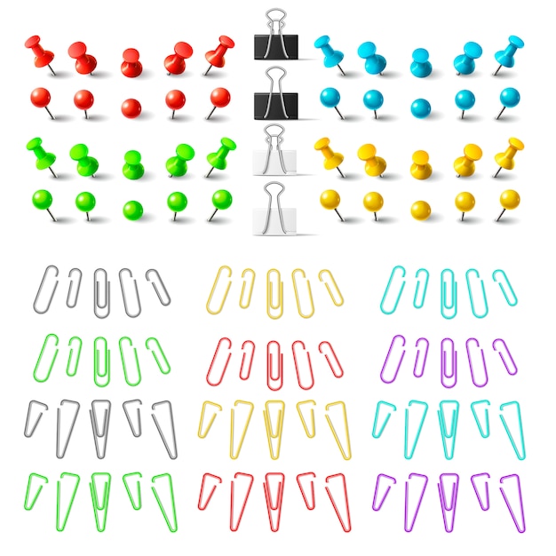 Kleurrijke pushpins en paperclips bindmiddelen, stationaire elementen. naar