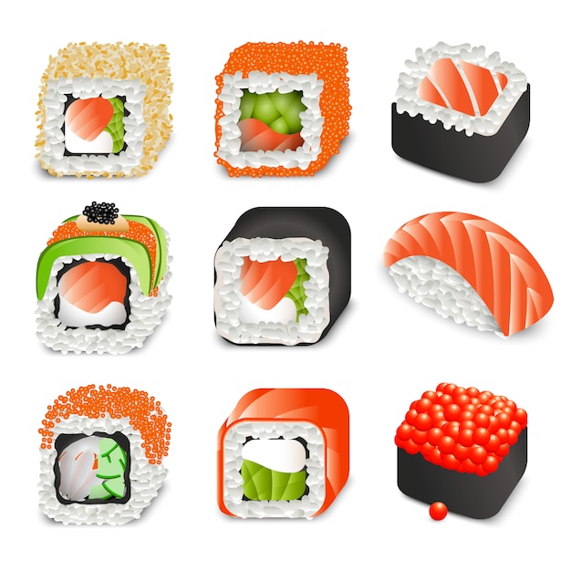 Kleurrijke realistische japanse voedselpictogrammen die met verschillende sushi en broodjes worden geplaatst