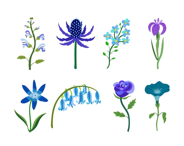 Vector kleurrijke realistische platte bloemen set blauwe en paarse kleuren perfect voor illustraties en natuureducatie