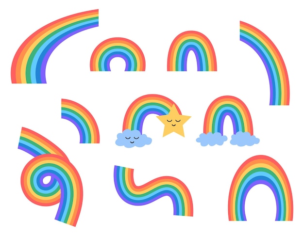 Kleurrijke regenbogen set vector collectie van schattige regenbogen met 7 kleuren wolken en ster verschillende vormen voor kind ontwerp vlakke afbeelding