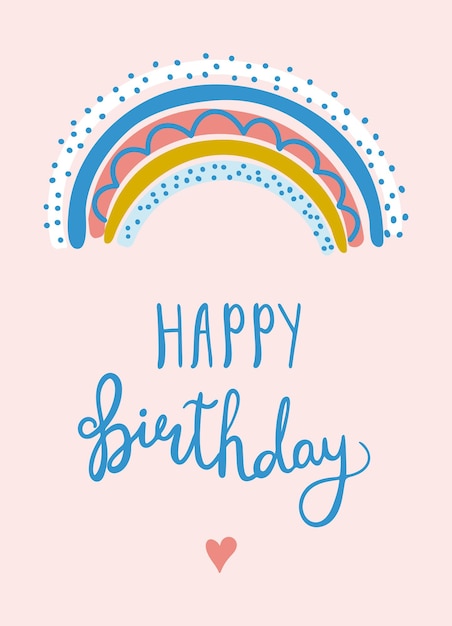 Vector kleurrijke regenboog en happy birthday letters op roze achtergrond