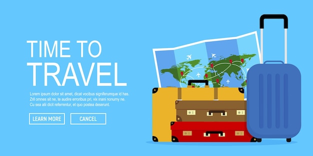 Kleurrijke reistassen en gevouwen webbanner van de wereldkaart rond het thema reizen