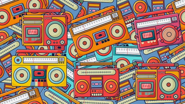 Vector kleurrijke retro radio cassette boombox 70s 80s 90s naadloos patroon
