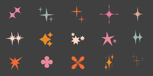 Kleurrijke Retro Star Clipart Set Leuke Sparkle amp Twinkle Vector Icons op donkere achtergrond