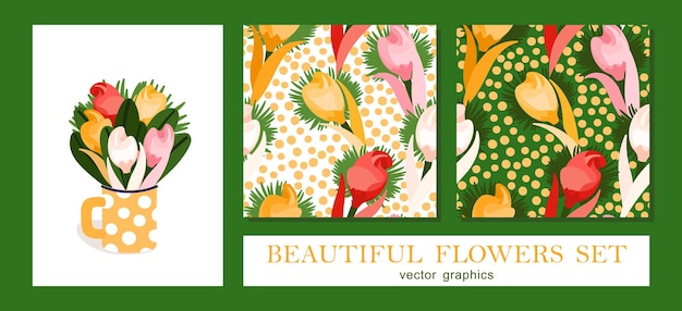 Kleurrijke rijke boeket van bloemen in een vaas Eenvoudige trendy graphics Bloem decoratie set van boeket en naadloze patronen Vector graphics