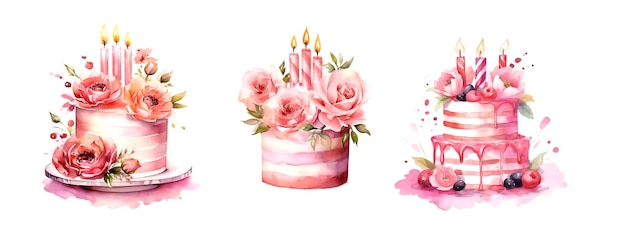 Kleurrijke roze verjaardagstaart aquarel in vintage stijl op witte achtergrond hand getrokken vector poster