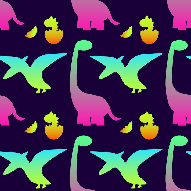 Kleurrijke schattige dinosaurussen op donkere achtergrond Vector naadloze patroon Fun textiel cartoon kinderen afdrukontwerp Neon kleur EPS